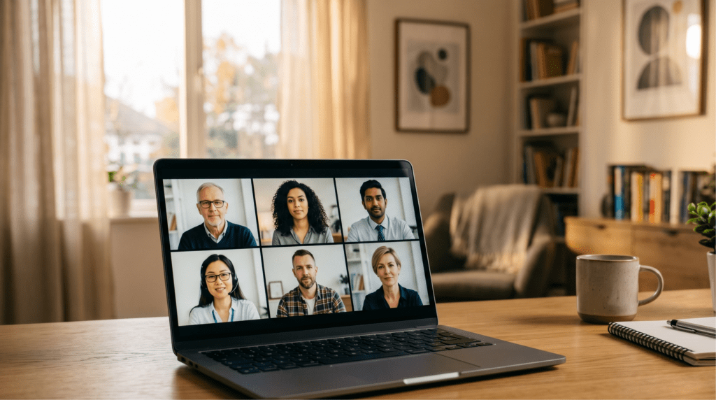 A laptop on a desk showing a video call with six participants